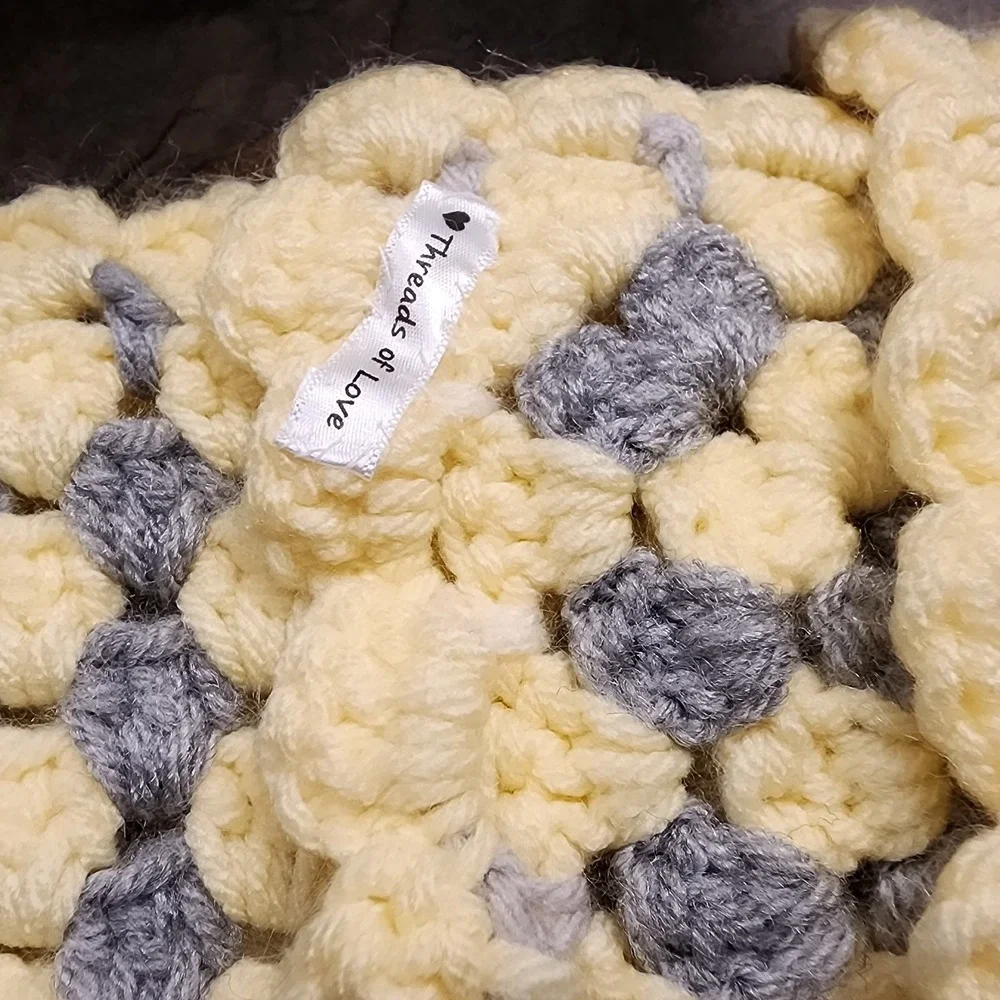 Lap/Baby Afghan/Blanket/Throw Bluish Gray, White & Yellow Handmade  30